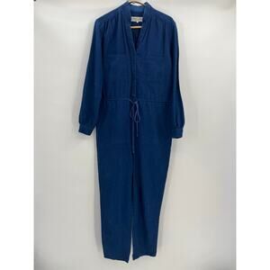 Apiece Apart Long Sleeve Jumpsuit Sz 2 Blue Linen/Cotton V-Neck Slim Leg